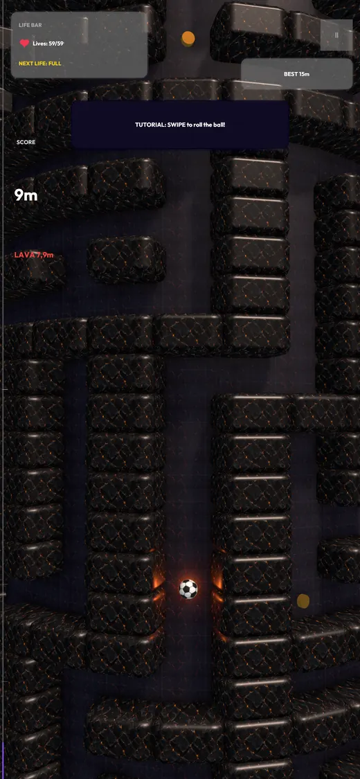 Tower Maze lava tower gameplay with a soccer ball climbing through dark maze blocks